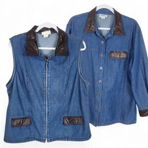 Vtg Graff Denim Set XL Vest & Overshirt Brown Faux Leather Trim Chore Coat USA
